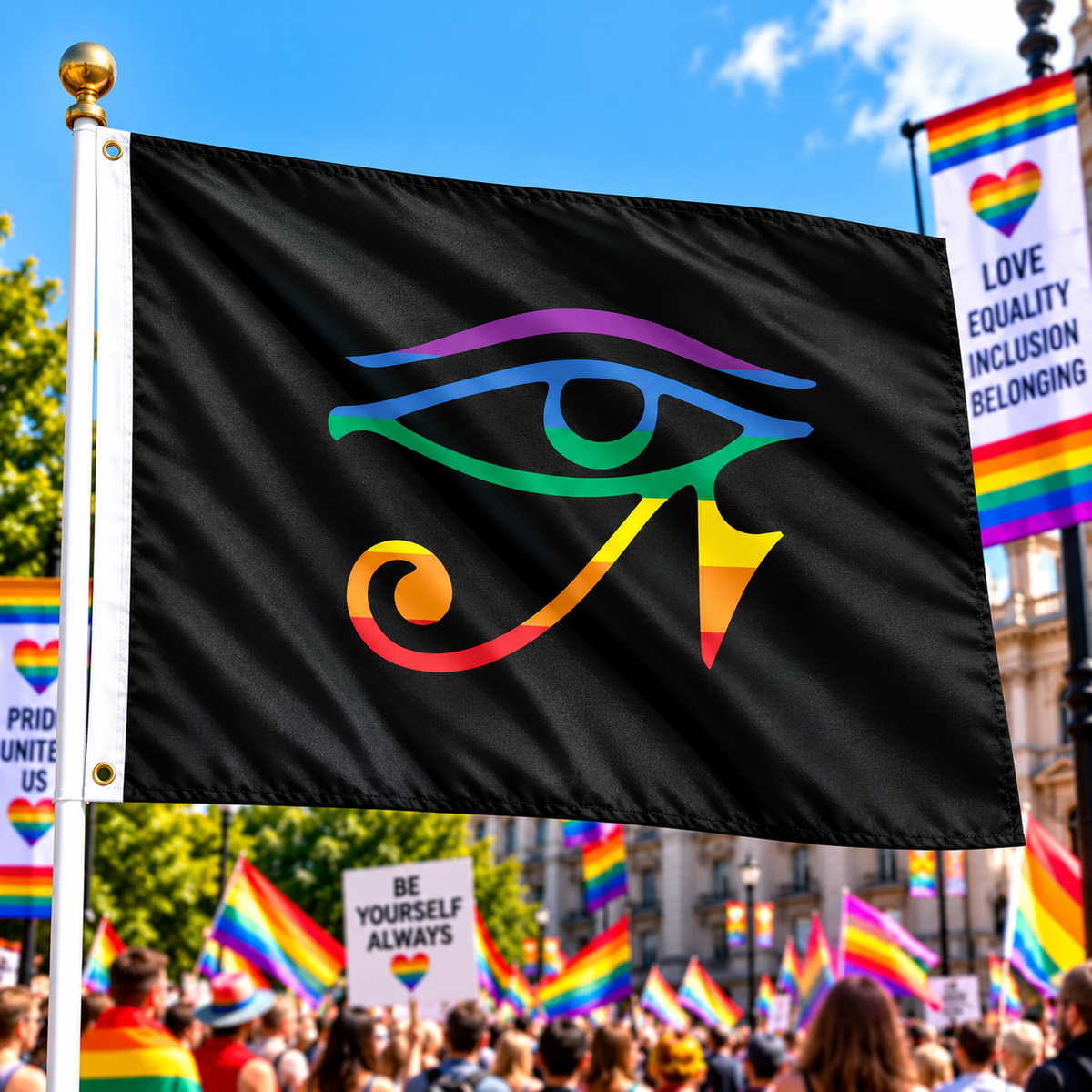 Gay Goth Pride Flag with rainbow Eye of Horus flying on a flagpole at a colourful Pride rally