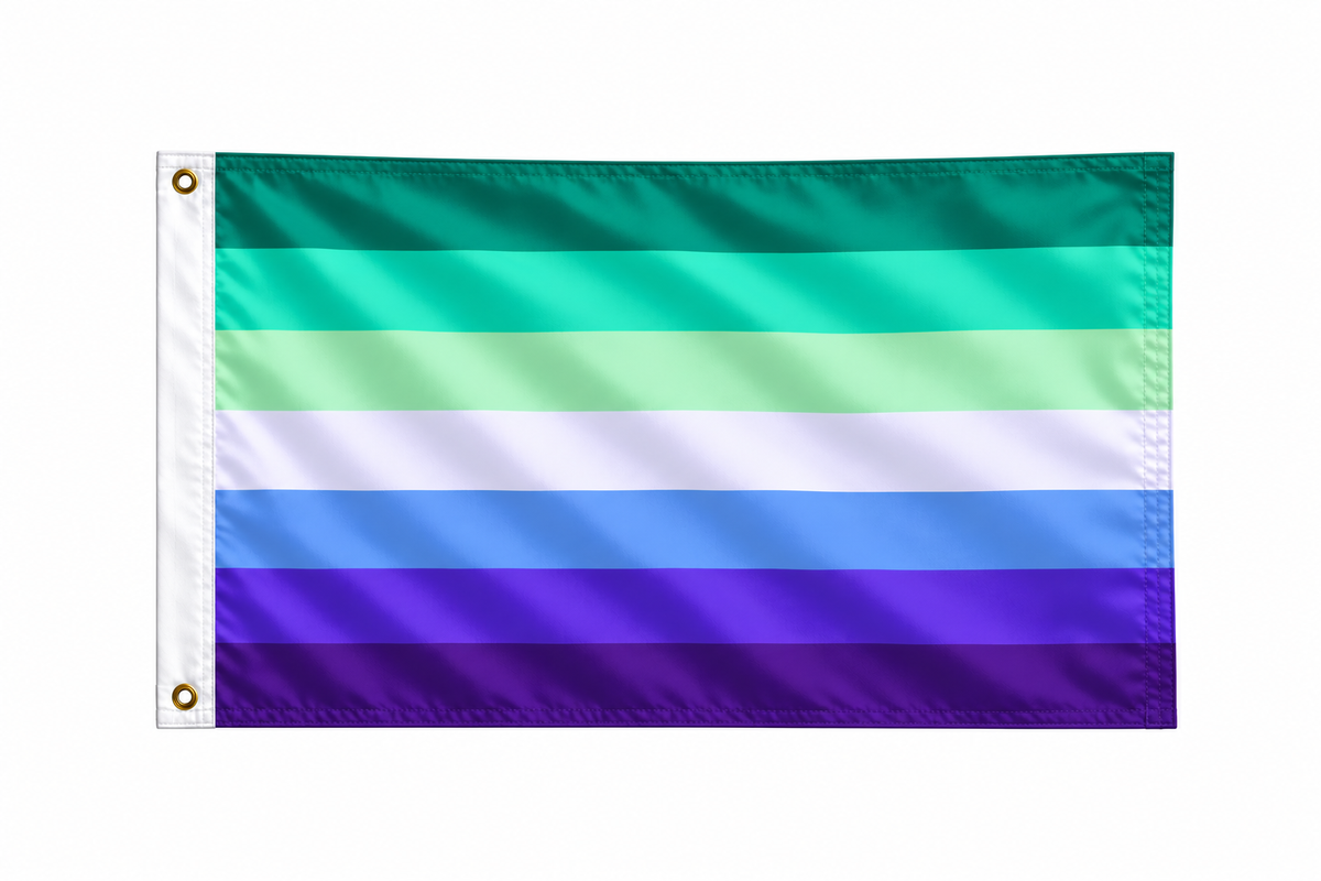 Gay Male Pride Flag 5ft x 3ft with green turquoise white blue and purple stripes