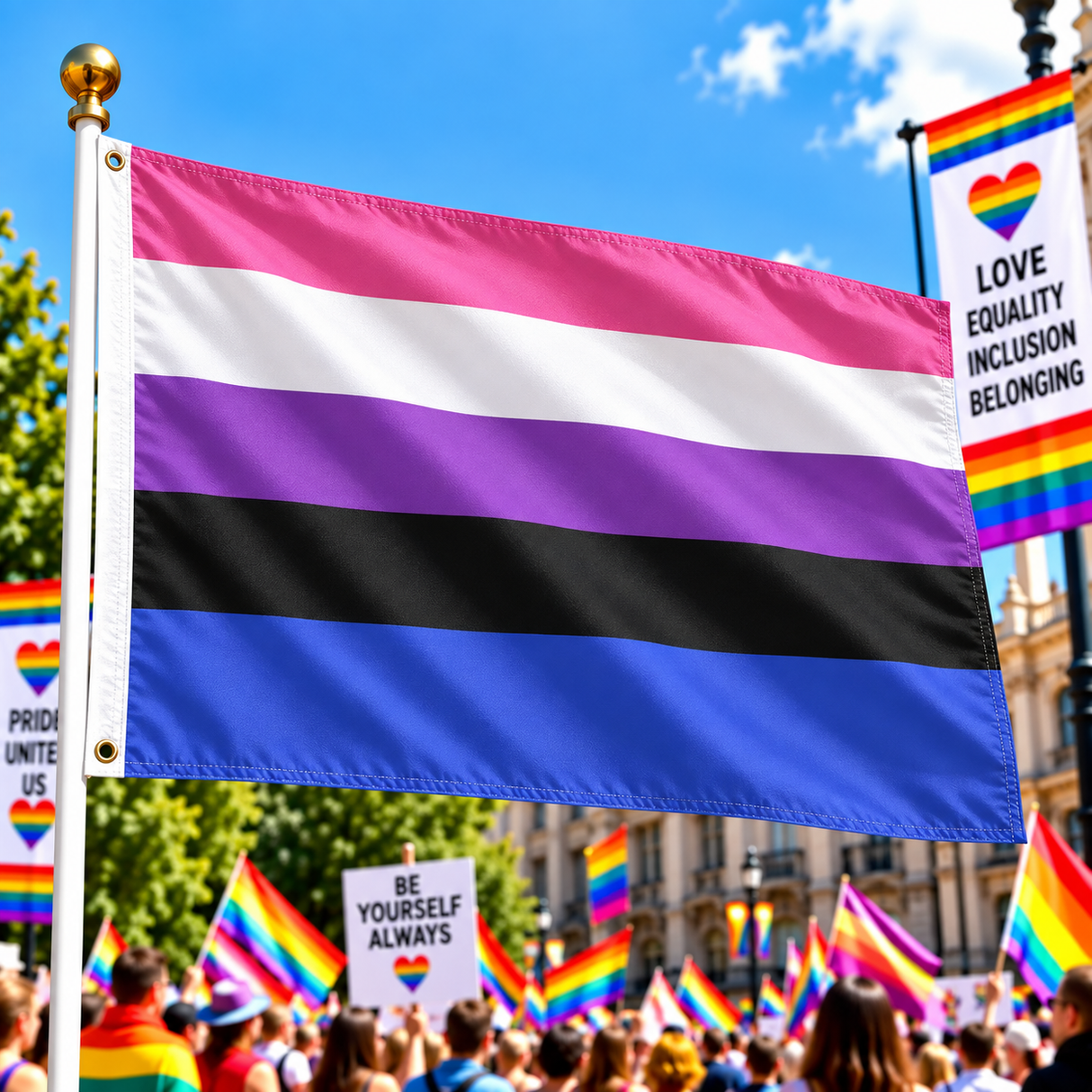 Genderfluid Pride Flag 5ft x 3ft flying on a flagpole at a colourful Pride rally