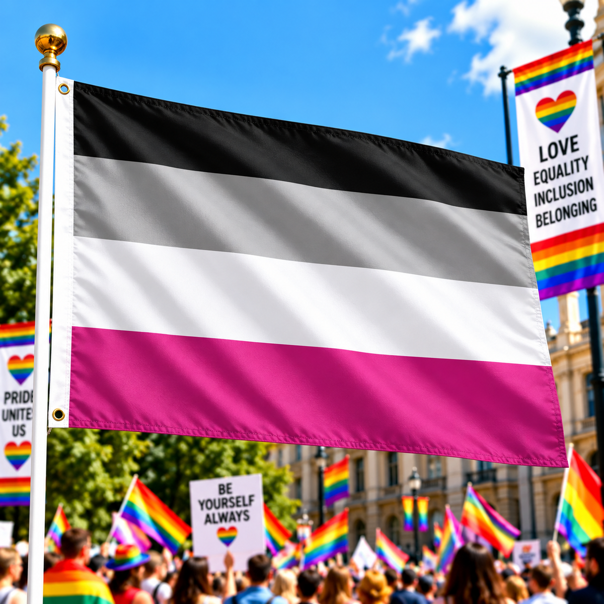 Gynephilia Pride Flag 5ft x 3ft flying on a flagpole at a colourful Pride rally