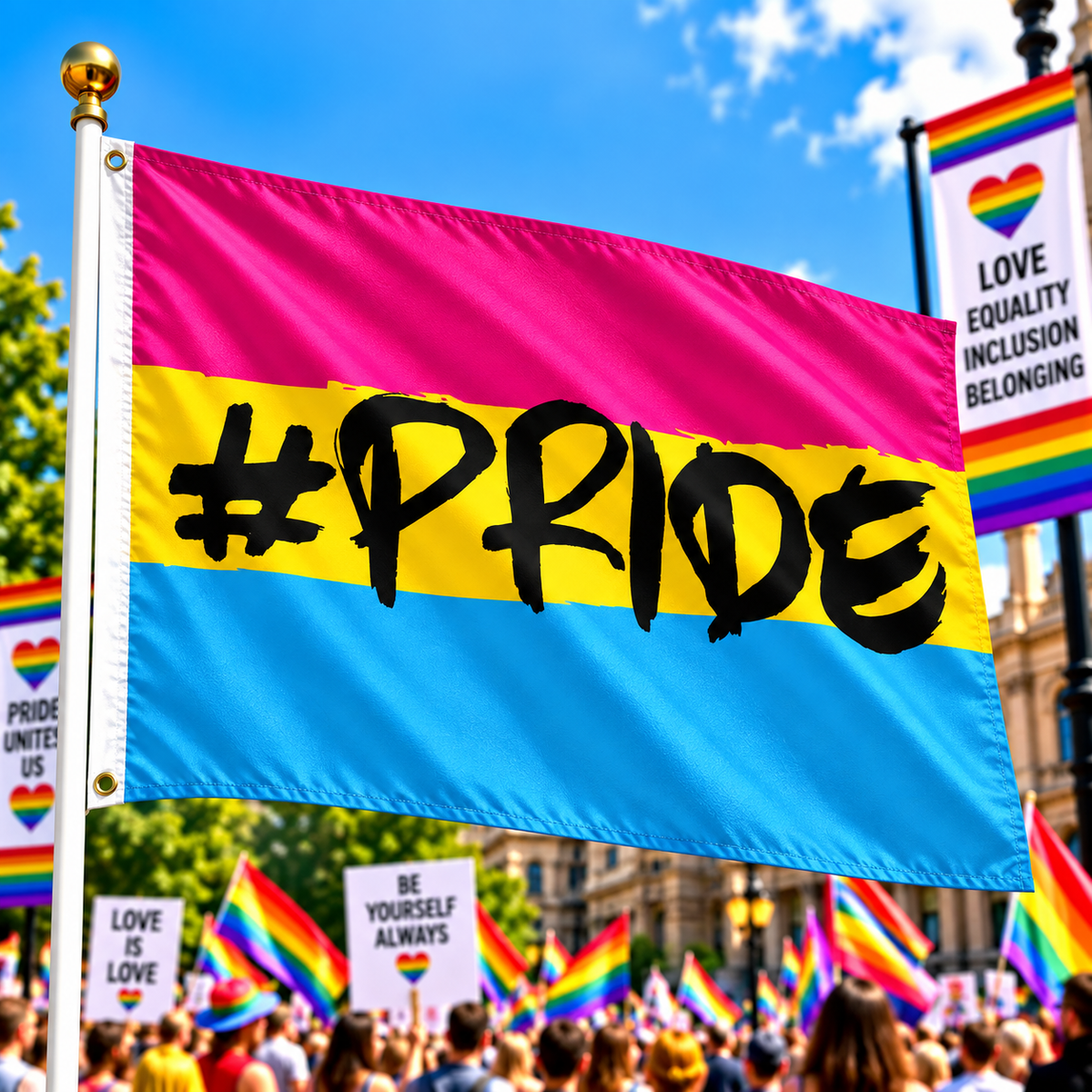Pansexual #Pride Flag 5ft x 3ft flying on a flagpole at a colourful Pride rally
