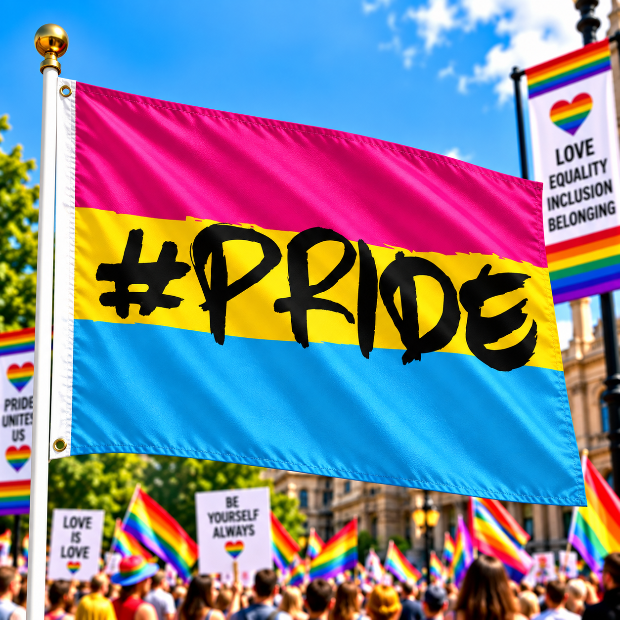 Pansexual #Pride Flag 5ft x 3ft flying on a flagpole at a colourful Pride rally