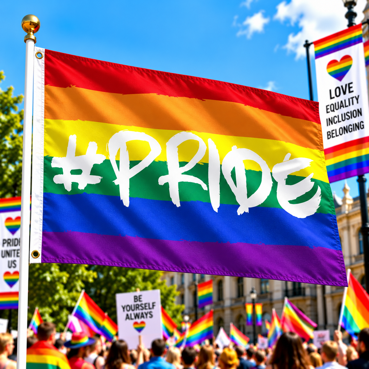 Rainbow #Pride Flag 5ft x 3ft flying on a flagpole at a colourful Pride rally