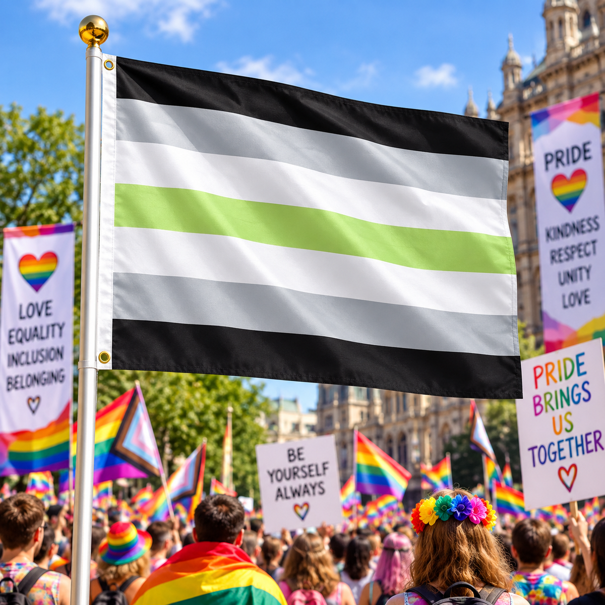 Agender Pride Flag 5ft x 3ft displayed on a flagpole at a Pride rally