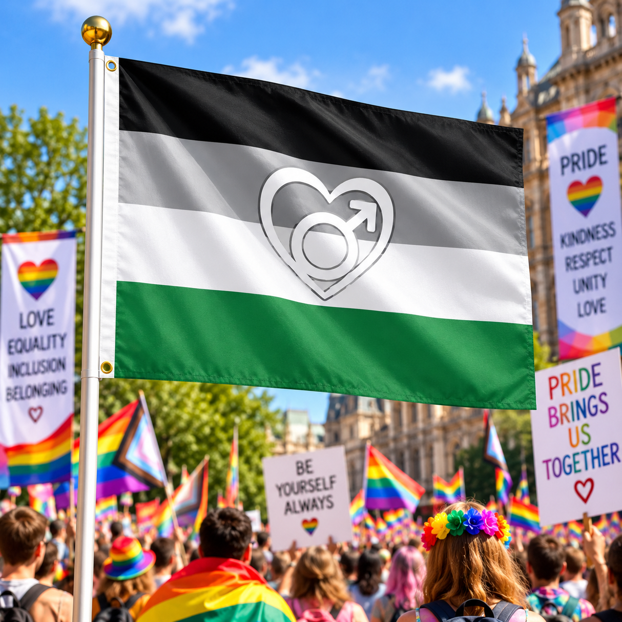 Androphilia Pride Flag 5ft x 3ft displayed on a flagpole at a Pride rally