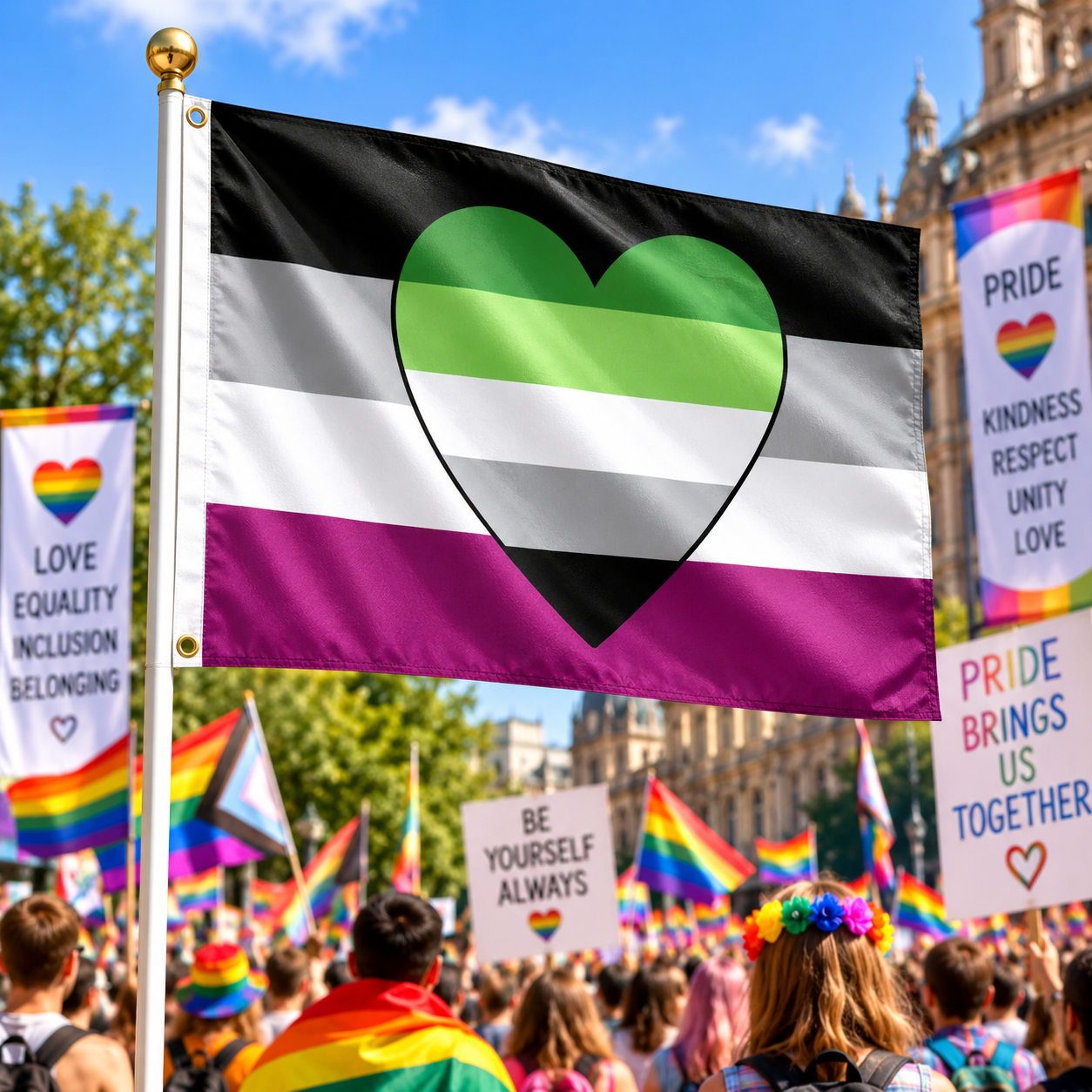 AroAce Aromantic Asexual heart Pride Flag displayed on a flagpole at a Pride rally