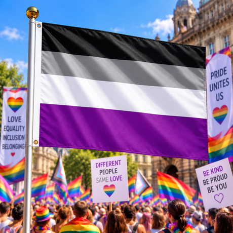 Asexual Pride Flag 5ft x 3ft displayed on a flagpole at a Pride rally