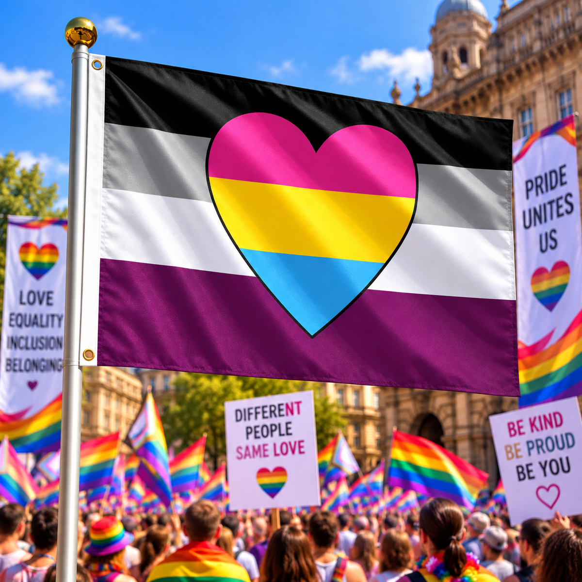 Asexual Panromantic Heart Pride Flag 5ft x 3ft displayed on a flagpole at a Pride rally