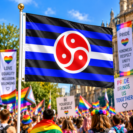 BDSM Pride Flag 5ft x 3ft displayed on a flagpole at a Pride rally