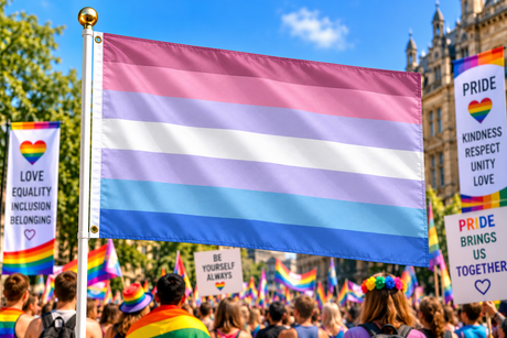 Bigender Pride Flag 5ft x 3ft displayed on a flagpole at a Pride rally