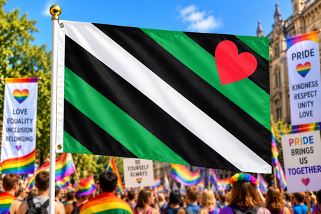 Boi Pride Flag 5ft x 3ft flying on a flagpole at a Pride rally