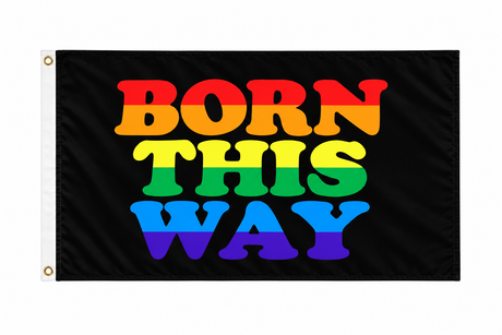 Born This Way Pride Flag 5ft x 3ft with rainbow lettering on black background