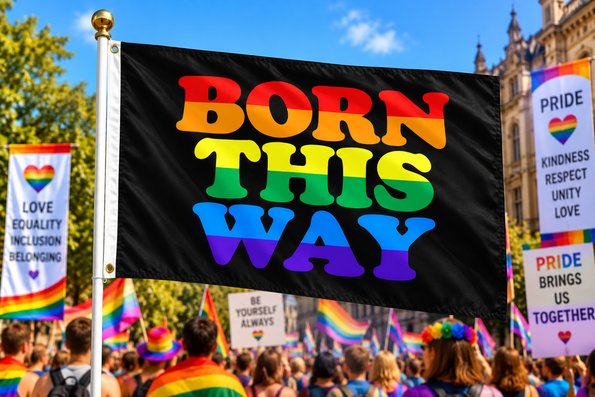 Born This Way Pride Flag 5ft x 3ft flying on a flagpole at a colourful Pride rally