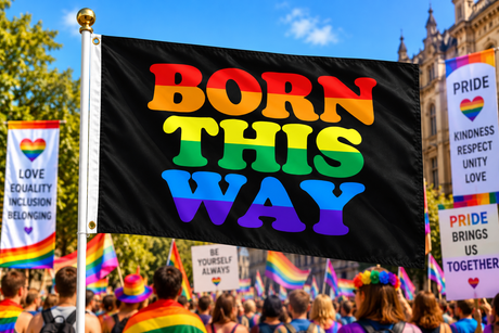 Born This Way Pride Flag 5ft x 3ft flying on a flagpole at a colourful Pride rally