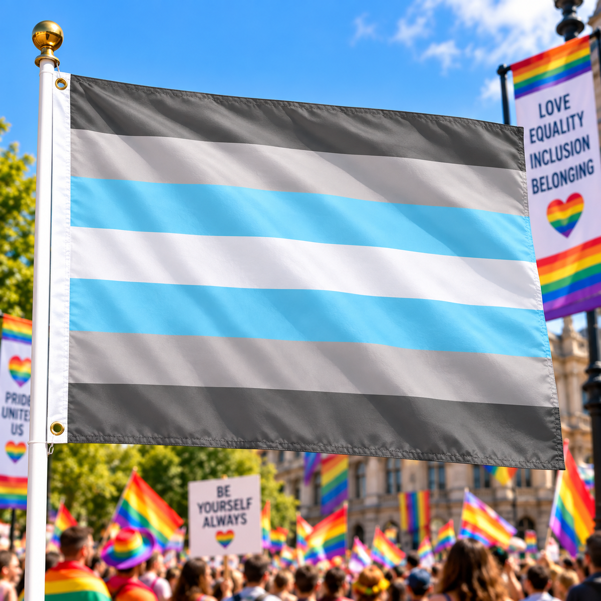 Demiboy Pride Flag 5ft x 3ft flying on a flagpole at a Pride rally