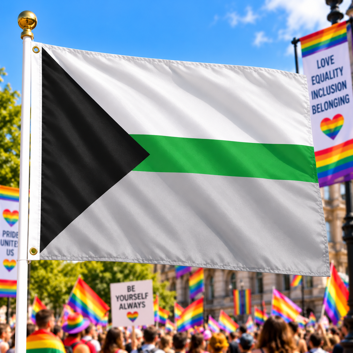 Demiromantic Pride Flag 5ft x 3ft flying on a flagpole at a Pride rally