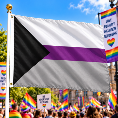 Demisexual Pride Flag 5ft x 3ft flying on a flagpole at a colourful Pride rally