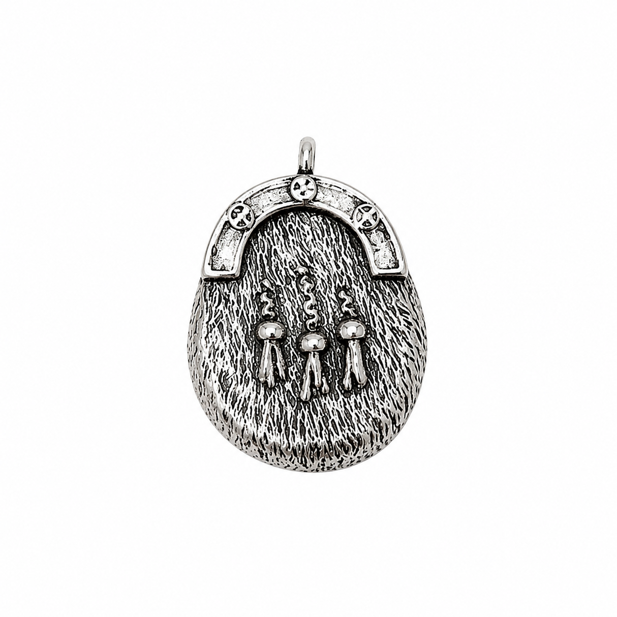 Pewter Scottish sporran pin badge with traditional Highland tassel design