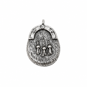 Pewter Scottish sporran pin badge with traditional Highland tassel design