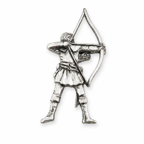Pewter archery badge featuring archer with bow and arrow