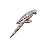 Handcrafted pewter parrot pin badge featuring a tropical bird perched on a branch.