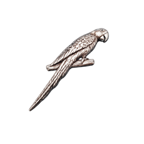 Handcrafted pewter parrot pin badge featuring a tropical bird perched on a branch.