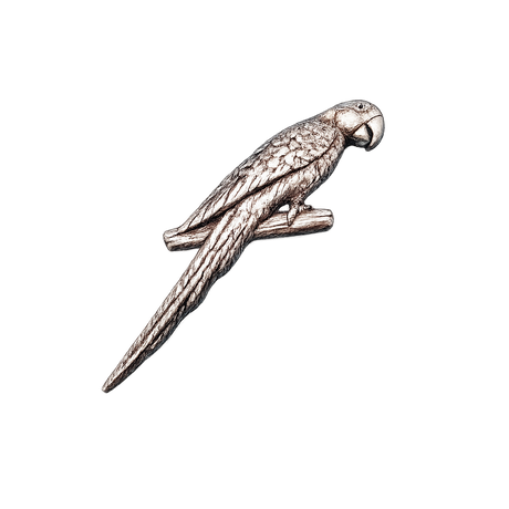 Handcrafted pewter parrot pin badge featuring a tropical bird perched on a branch.