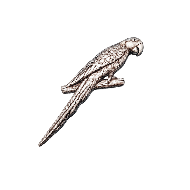 Handcrafted pewter parrot pin badge featuring a tropical bird perched on a branch.
