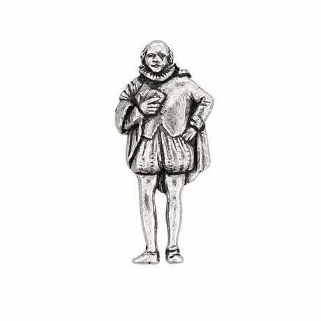 William Shakespeare pewter pin badge in traditional Elizabethan period clothing