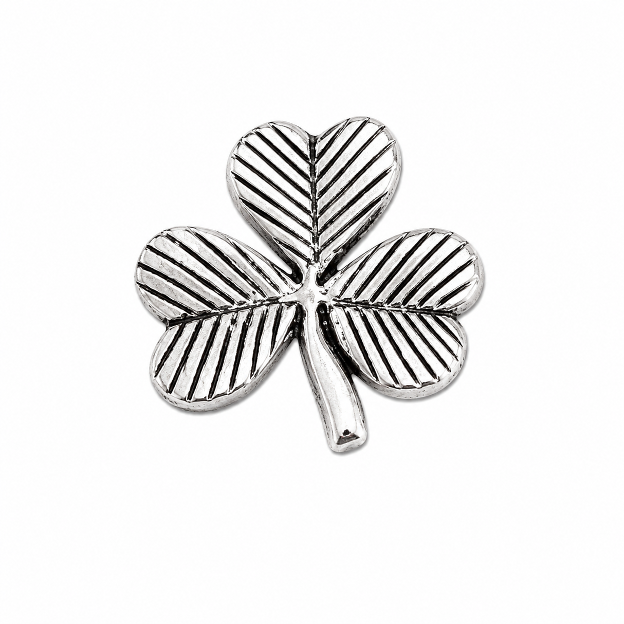 Pewter Irish shamrock pin badge with detailed three-leaf clover design