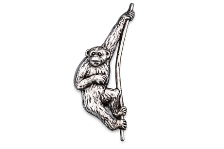 Detailed pewter Gibbon monkey pin badge swinging from a branch with butterfly clutch fastening.