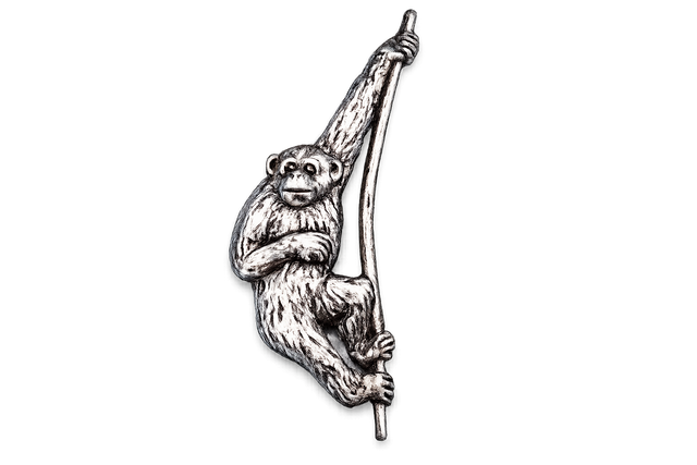 Detailed pewter Gibbon monkey pin badge swinging from a branch with butterfly clutch fastening.
