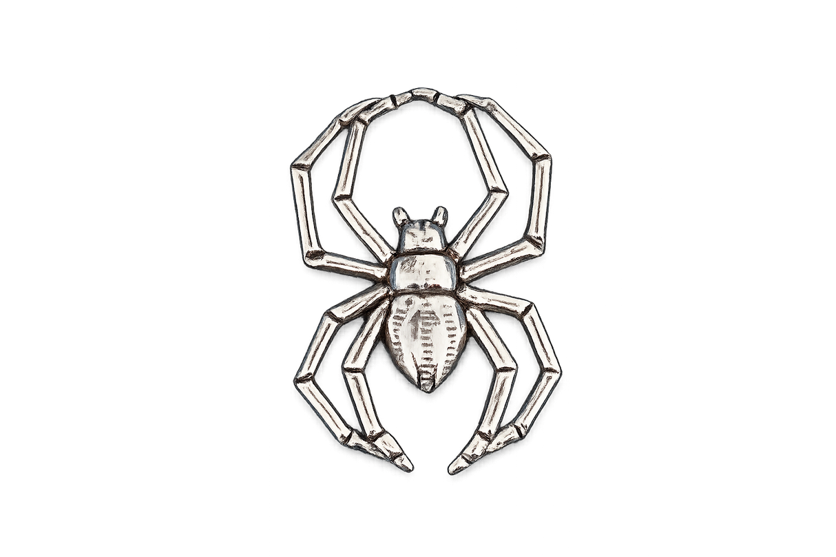 Detailed pewter Spider pin badge featuring an eight-legged spider design with butterfly clutch fastening on a white background.