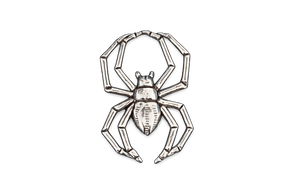 Detailed pewter Spider pin badge featuring an eight-legged spider design with butterfly clutch fastening on a white background.