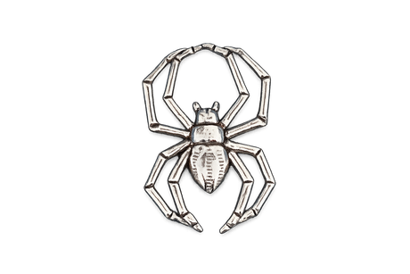 Detailed pewter Spider pin badge featuring an eight-legged spider design with butterfly clutch fastening on a white background.