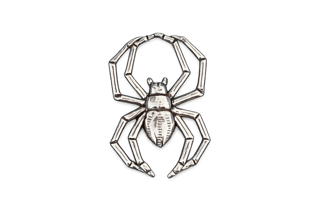Detailed pewter Spider pin badge featuring an eight-legged spider design with butterfly clutch fastening on a white background.