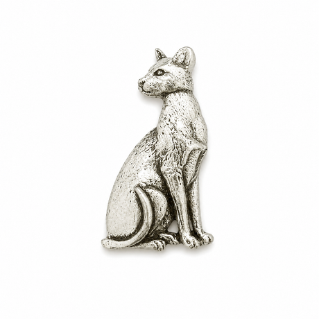 Pewter Siamese cat badge in elegant sitting pose with long tail