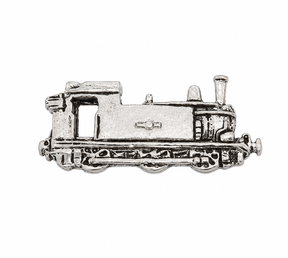 Pewter steam train locomotive lapel pin badge with detailed wheels and chimney