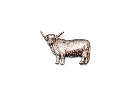 Handcrafted pewter Highland Cow pin badge featuring a detailed Scottish cattle design with butterfly clutch fastening on a white background.
