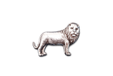 Handcrafted pewter lion pin badge featuring a detailed lion with a flowing mane and butterfly clutch fastening on a white background.