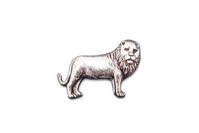 Handcrafted pewter lion pin badge featuring a detailed lion with a flowing mane and butterfly clutch fastening on a white background.