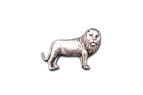 Handcrafted pewter lion pin badge featuring a detailed lion with a flowing mane and butterfly clutch fastening on a white background.