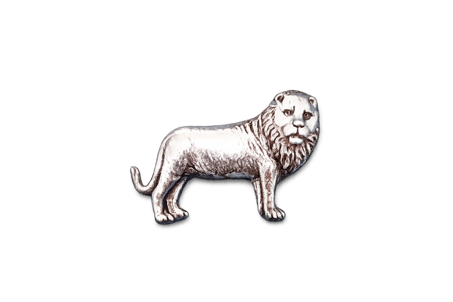 Handcrafted pewter lion pin badge featuring a detailed lion with a flowing mane and butterfly clutch fastening on a white background.