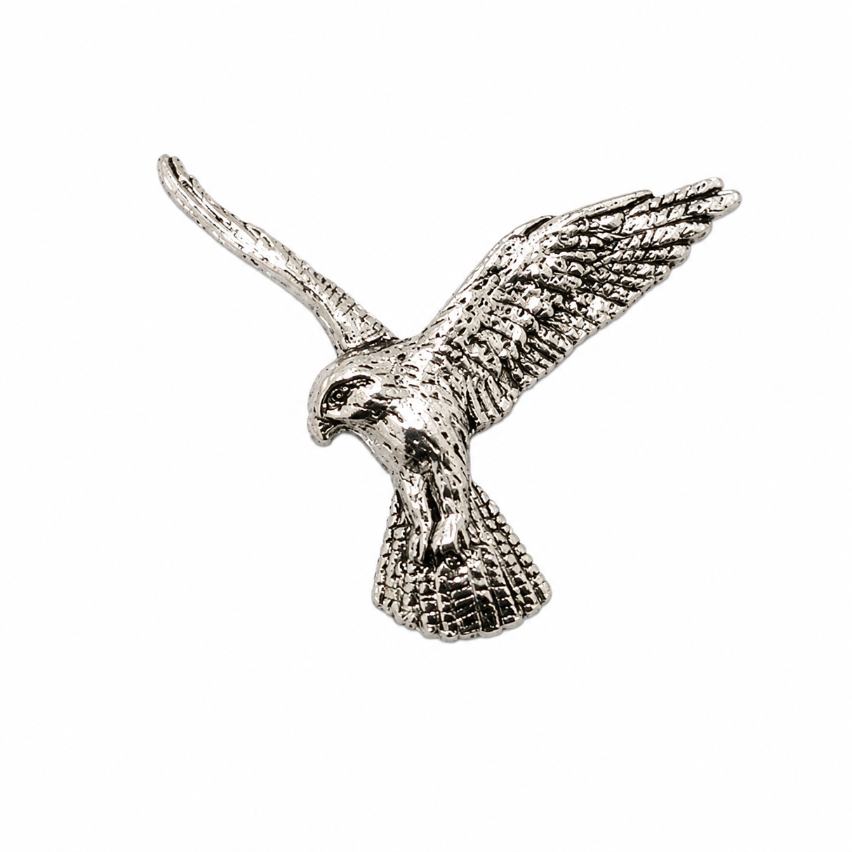 Handcrafted pewter Falcon in Flight pin badge featuring a detailed British bird of prey.