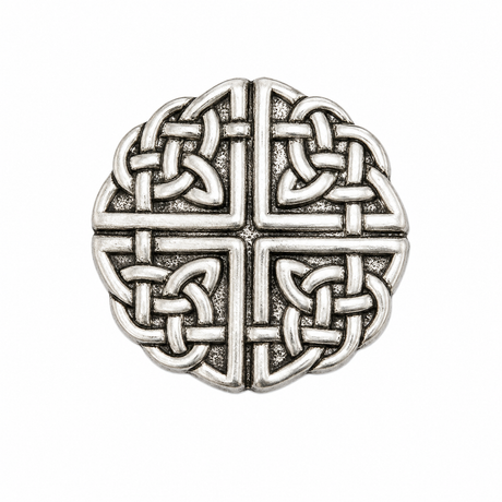 Round pewter Celtic knot pin badge with traditional interwoven knotwork design