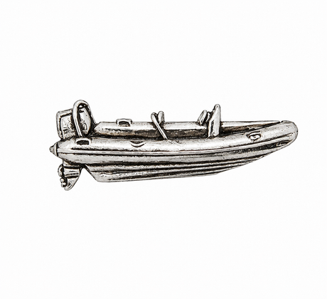 Pewter rigid inflatable RIB speed boat lapel pin badge with seating and outboard motor