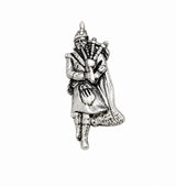 Pewter Scottish bagpiper pin badge playing traditional bagpipes