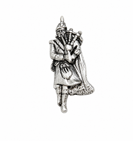 Pewter Scottish bagpiper pin badge playing traditional bagpipes