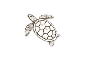 Detailed pewter Sea Turtle pin badge featuring a patterned shell and textured flippers with butterfly clutch fastening on a white background.