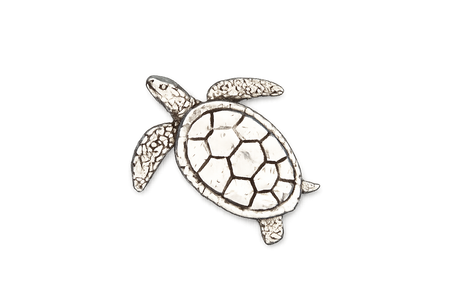 Detailed pewter Sea Turtle pin badge featuring a patterned shell and textured flippers with butterfly clutch fastening on a white background.